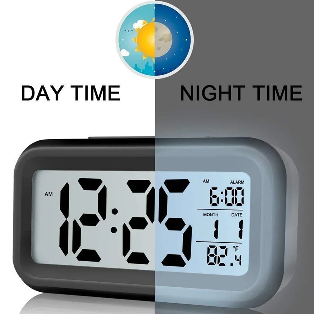 Digital Alarm Clock – Battery Operated with Indoor Temperature & Light Sensor Backlight (3 colors available)