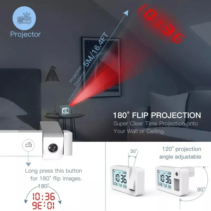 Digital Projection Alarm Clock – Rechargeable LED with USB Charger (Black & White)