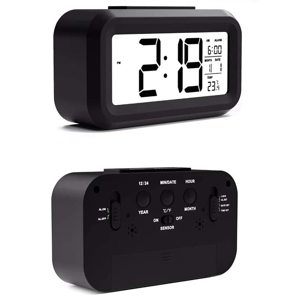 Digital Alarm Clock – Battery Operated with Indoor Temperature & Light Sensor Backlight (3 colors available)