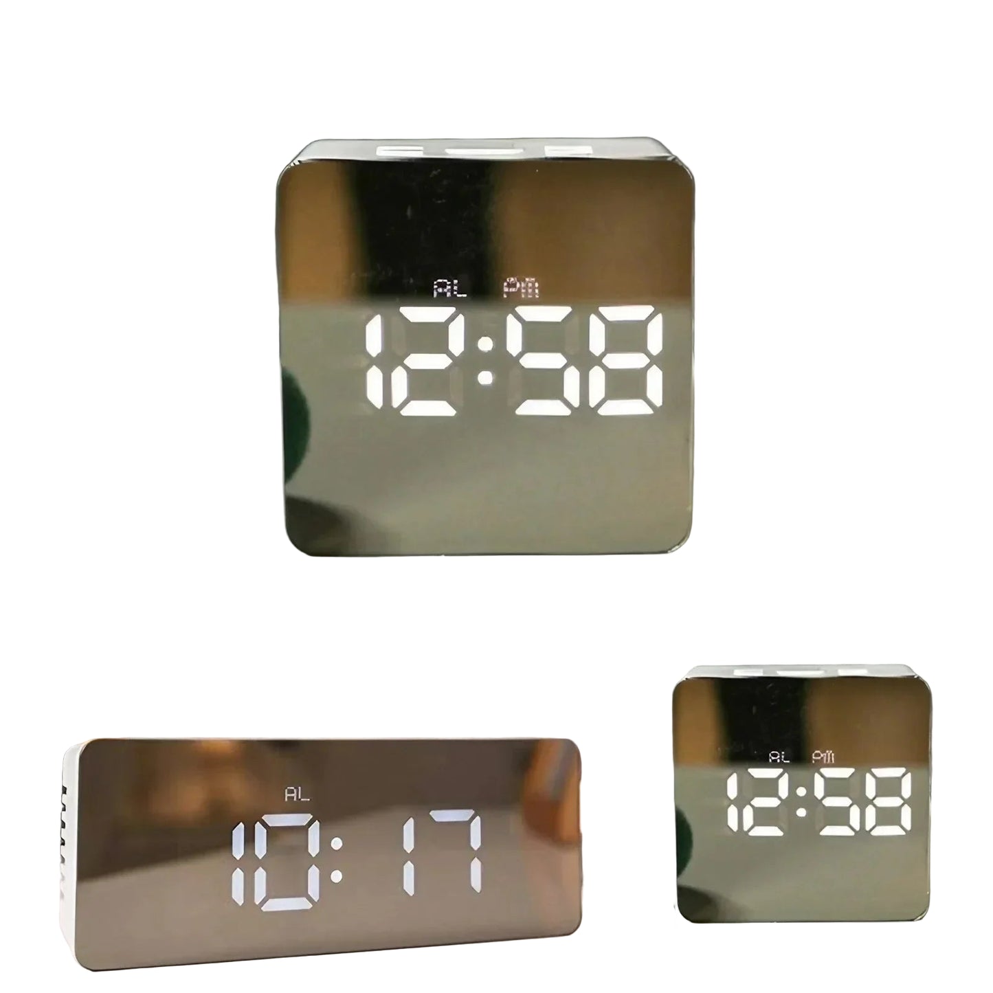 LED Mirror Alarm Clock with Temperature & Smart Night Light (available in 2 shapes)
