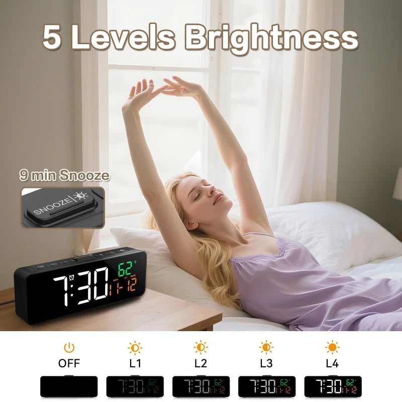 USB Digital Alarm Clock – TEMP & Date Display with 5-Level Brightness