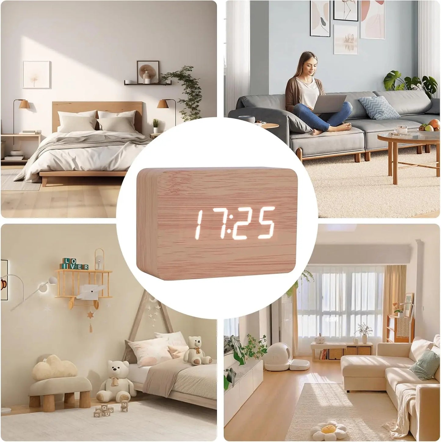 Wooden LED Digital Alarm Clock with Temperature Display & Night Light (4 colours available)