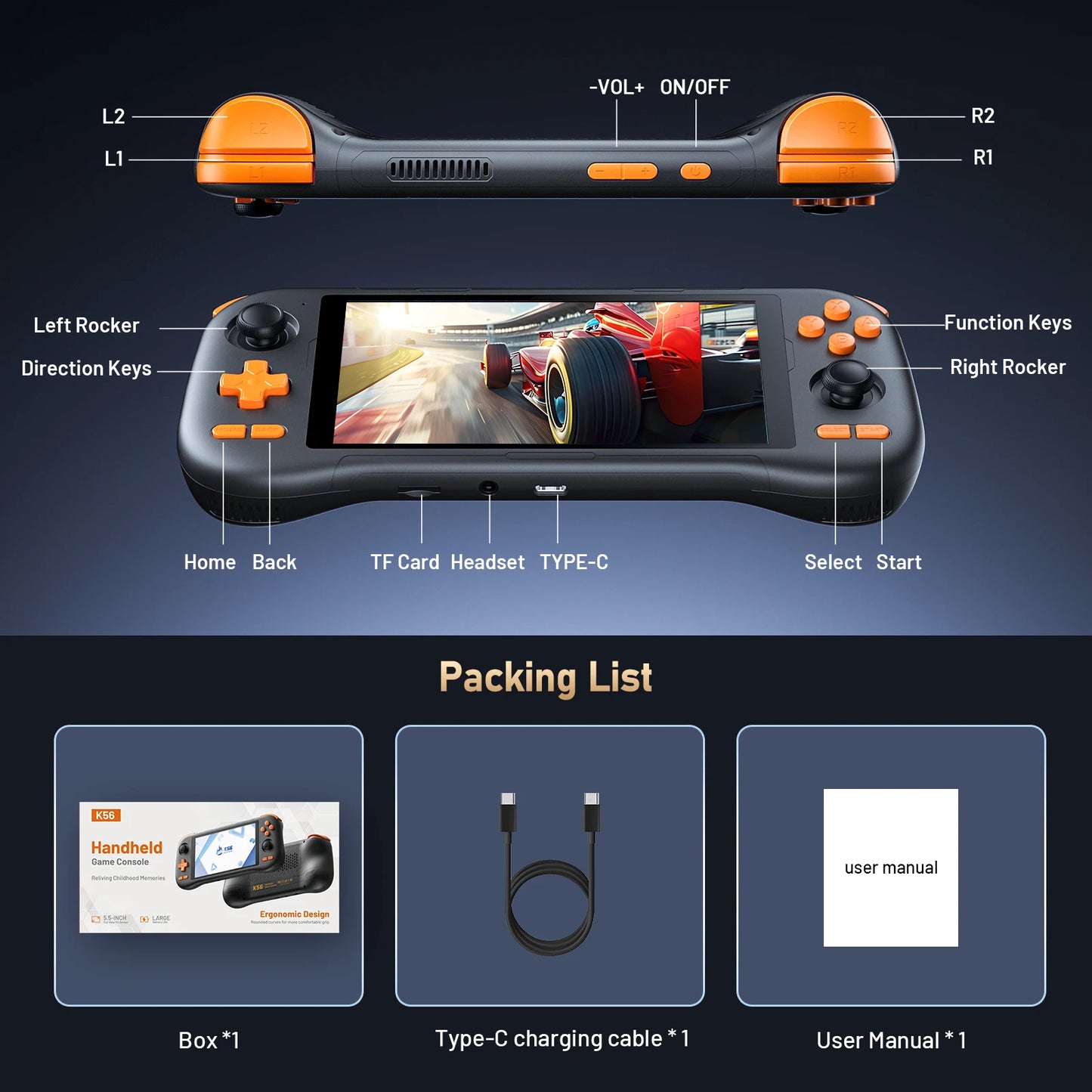 Retro Handheld Console – 5.5" Touchscreen, Android 14, Rechargeable Battery