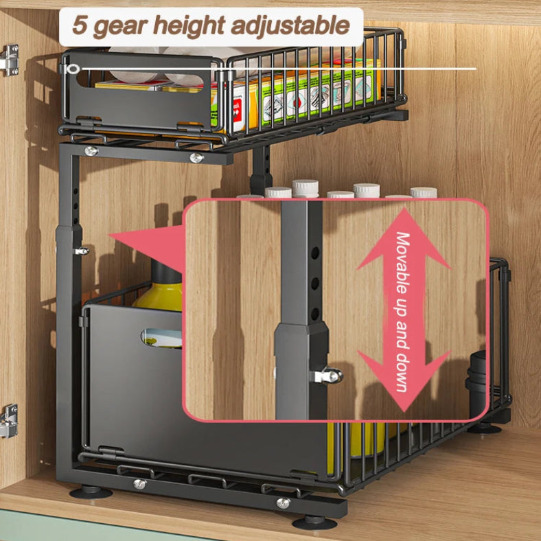 Pull-Out Under Sink Organizer – 2-Tier Adjustable Sliding Shelf (Black & White)