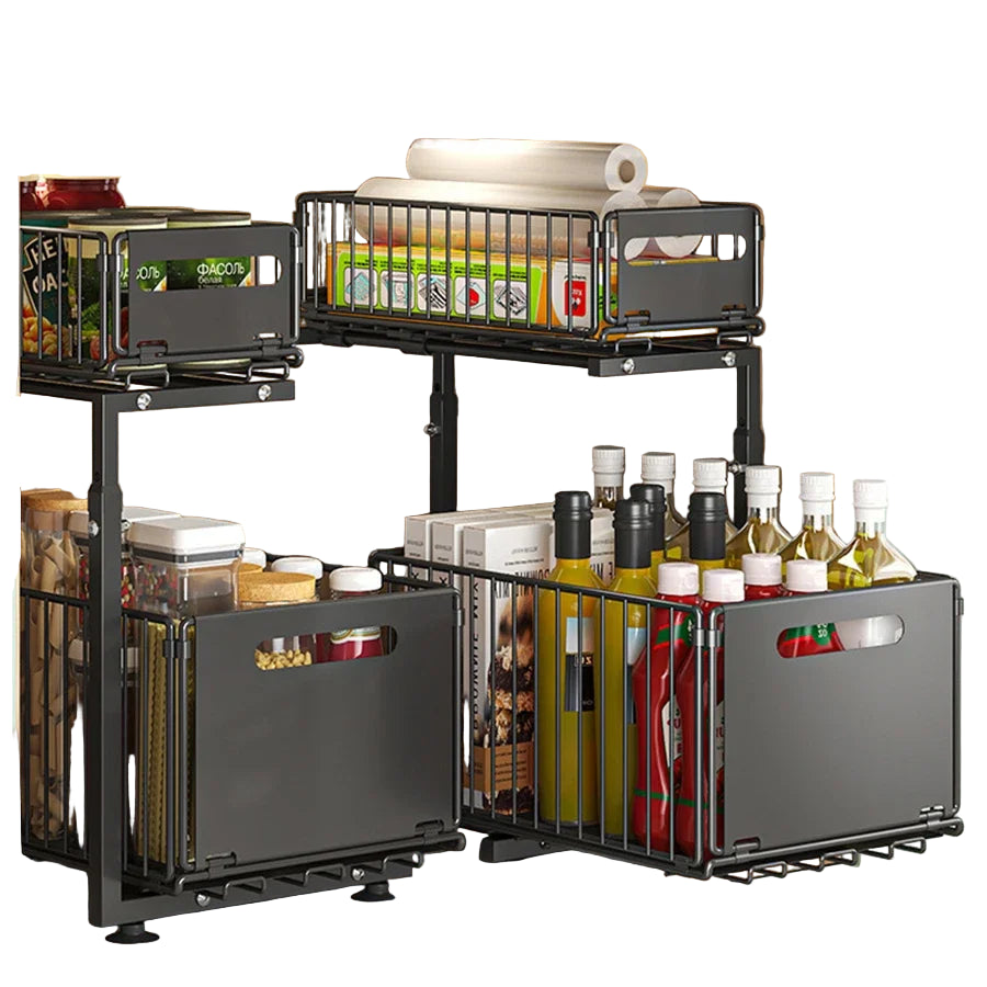 Pull-Out Under Sink Organizer – 2-Tier Adjustable Sliding Shelf (Black & White)