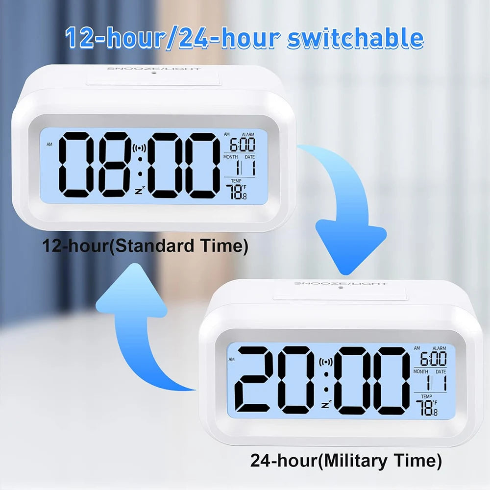 Digital Alarm Clock – Battery Operated with Indoor Temperature & Light Sensor Backlight (3 colors available)