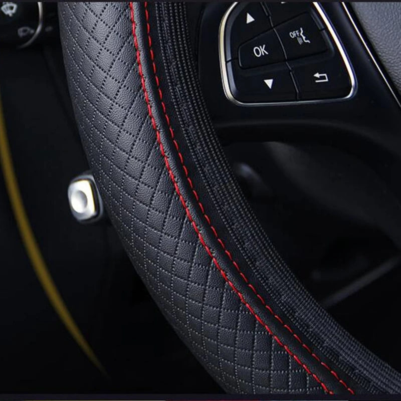 Universal 37/38cm Non-Slip Embossed Leather Car Steering Wheel Cover (3 colours available)