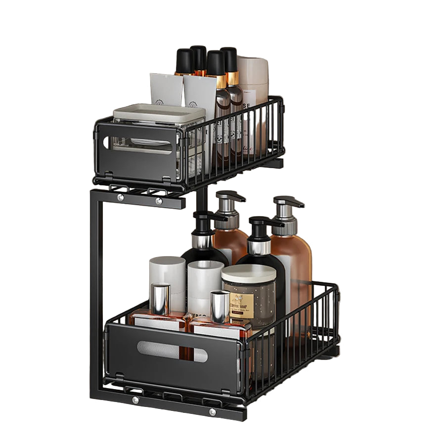 Pull-Out Under Sink Organizer – 2-Tier Adjustable Sliding Shelf (Black & White)
