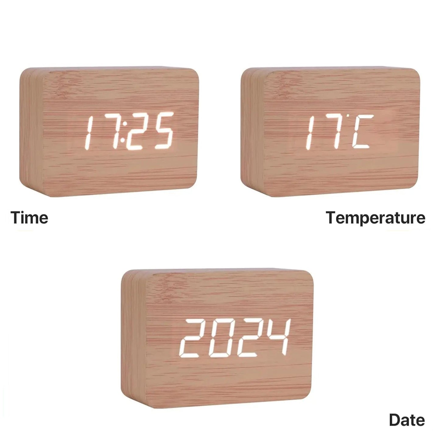 Wooden LED Digital Alarm Clock with Temperature Display & Night Light (4 colours available)