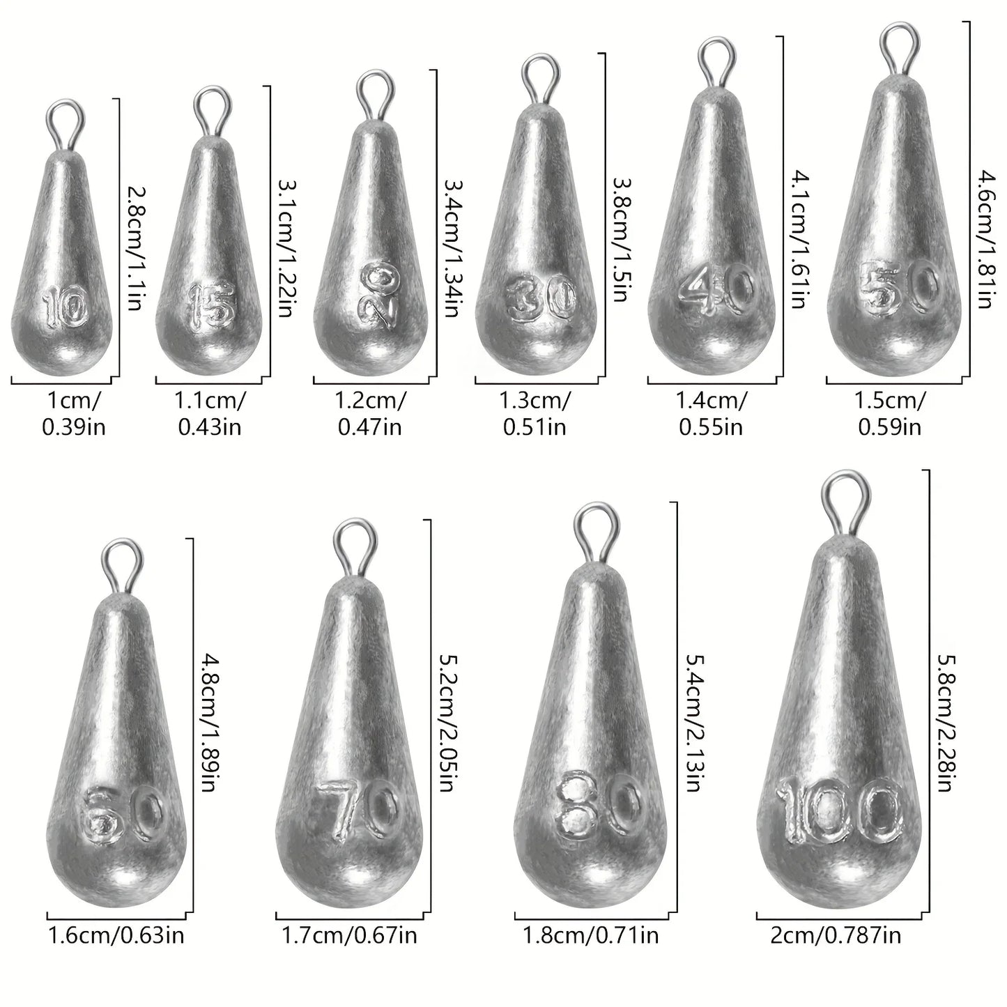 Teardrop Fishing Sinkers – Lead Weights for Bass (10 Sizes)