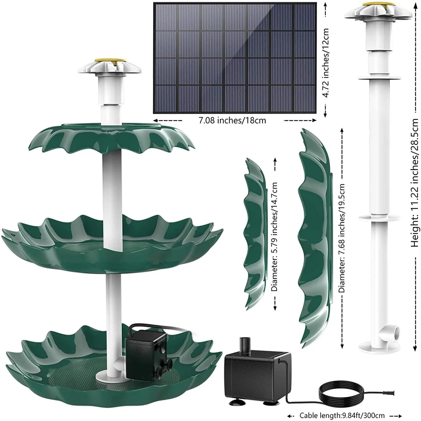 3-Tier Bird Bath with Detachable DIY Solar Fountain with 25W Pump