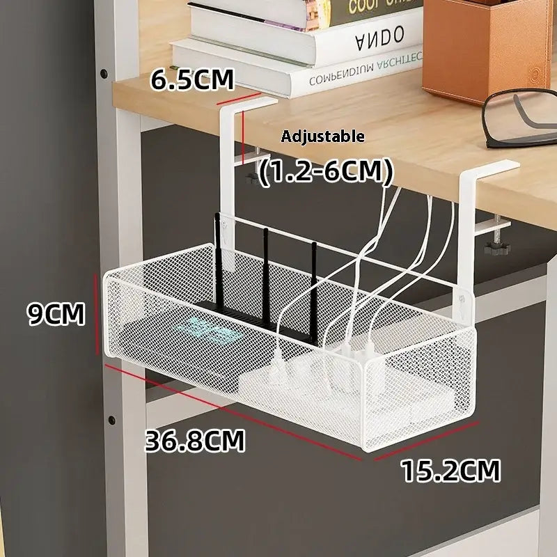 Adjustable Under-Desk Cable Management Tray with Clamp Mount for Professional and Home Environments - White (Small