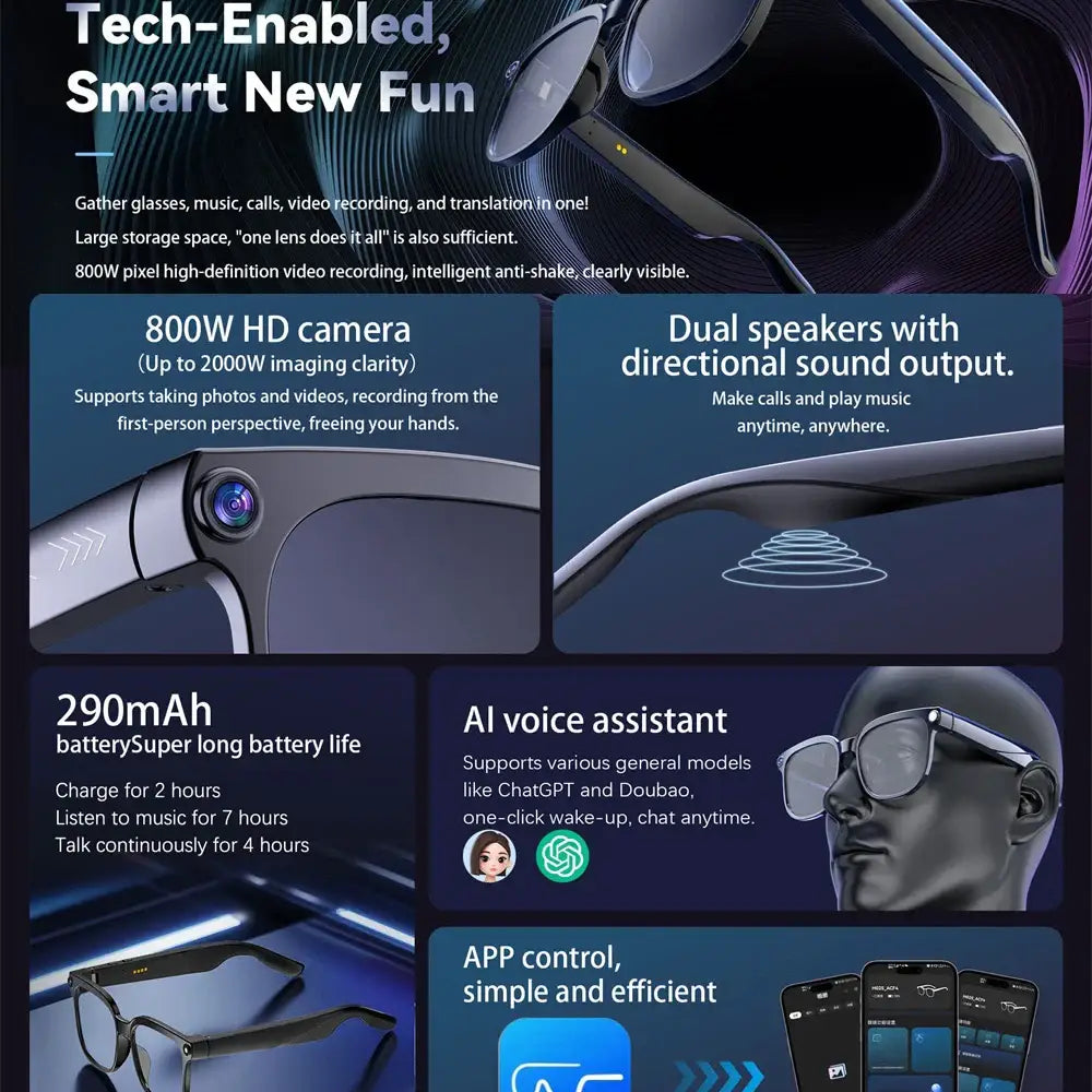 AI Smart Glasses with 8MP Camera & Bluetooth Audio - 9eight5