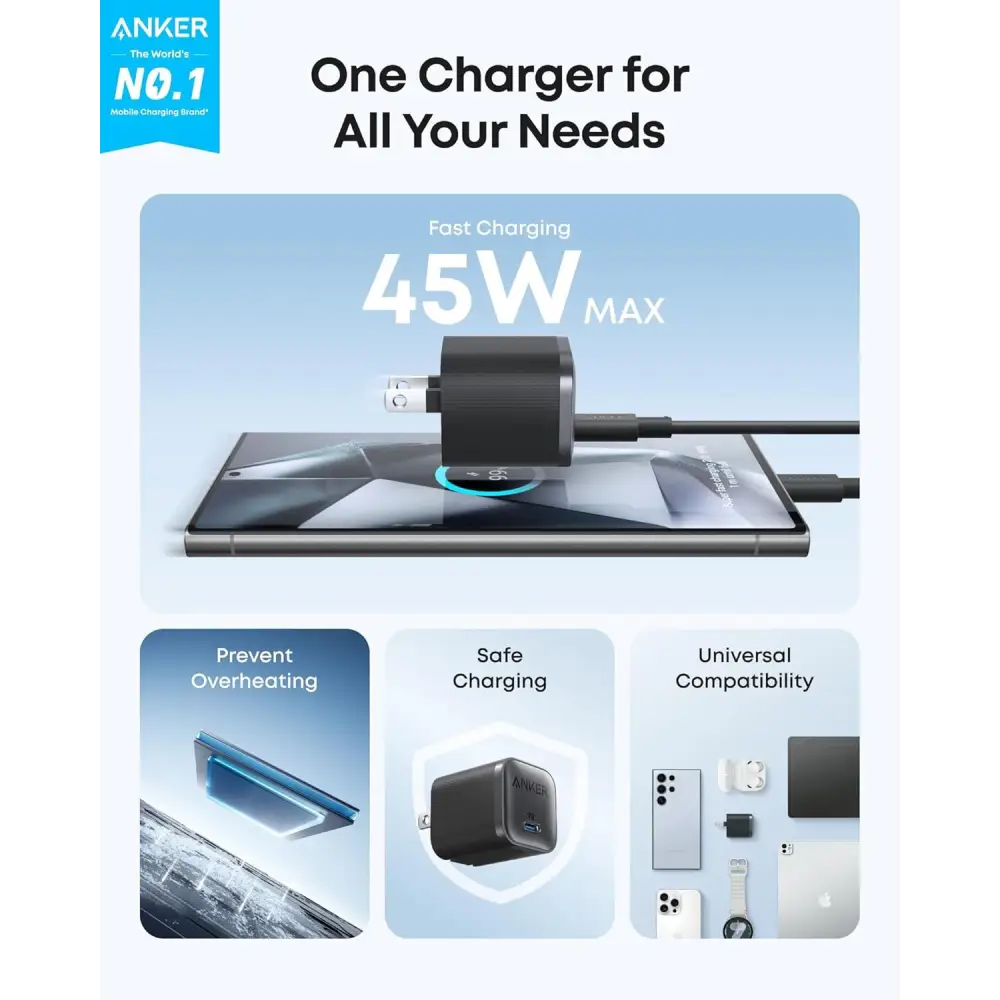 Anker Nano 45W Type C Charger + 6Ft USB-C Charging Cable - Black