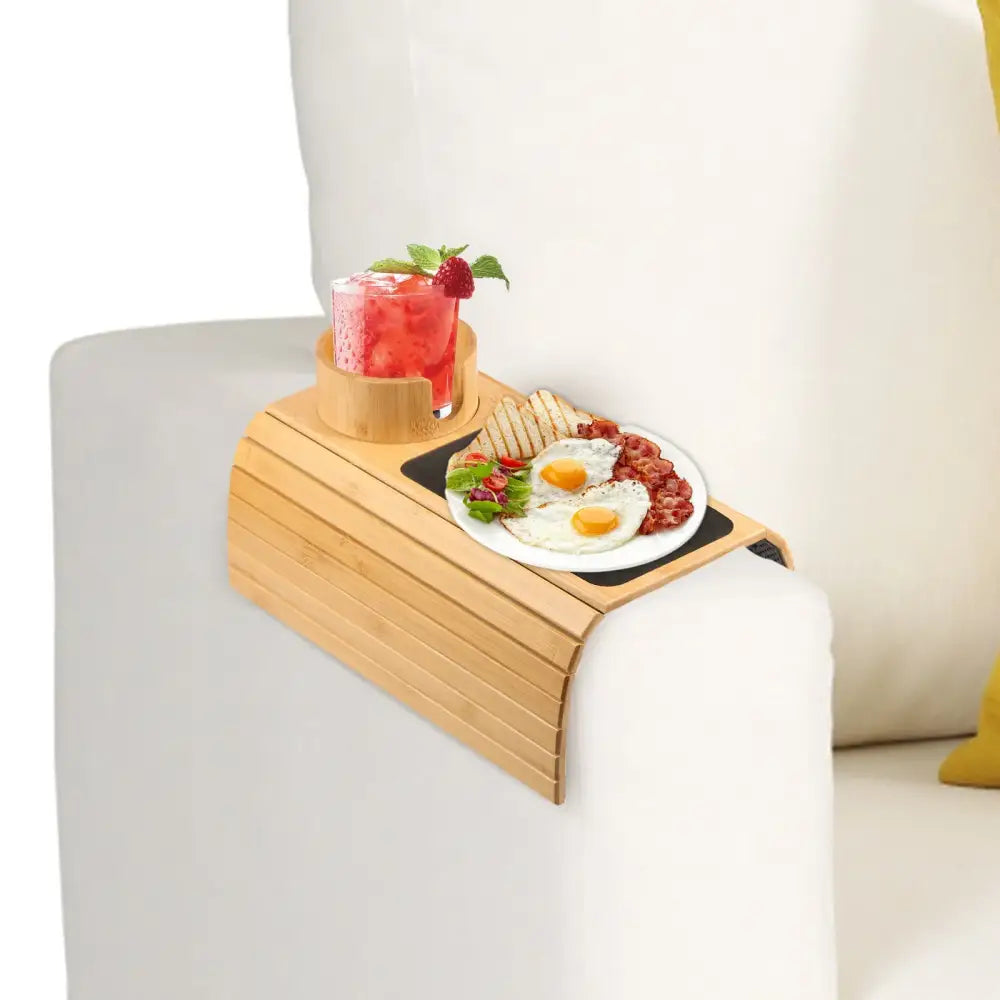 Bamboo Couch Cup Holder Anti-Slip Sofa Armrest Tray Foldable Multifunctional Sofa Cup Holder for Remote Control Cups