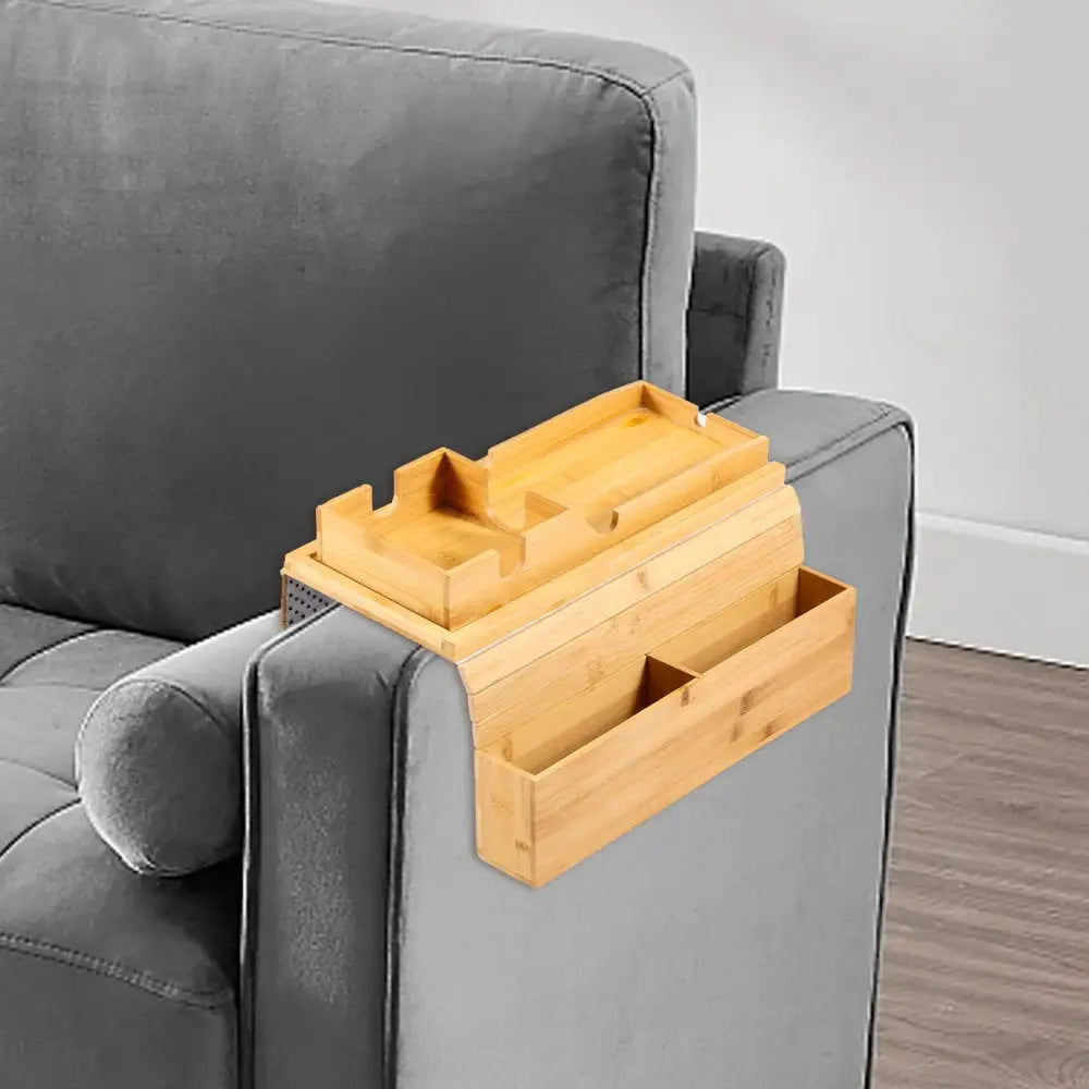 Bamboo Couch Cup Holder Anti-Slip Sofa Armrest Tray Foldable Multifunctional Sofa Cup Holder for Remote Control Cups