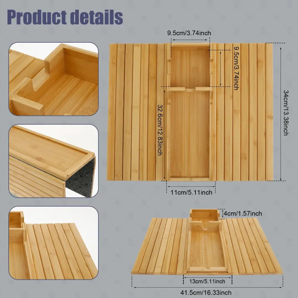 Bamboo Couch Cup Holder Anti-Slip Sofa Armrest Tray Foldable Multifunctional Sofa Cup Holder for Remote Control Cups