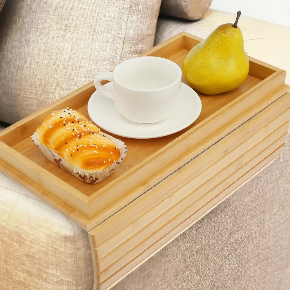Bamboo Couch Cup Holder Anti-Slip Sofa Armrest Tray Foldable Multifunctional Sofa Cup Holder for Remote Control Cups