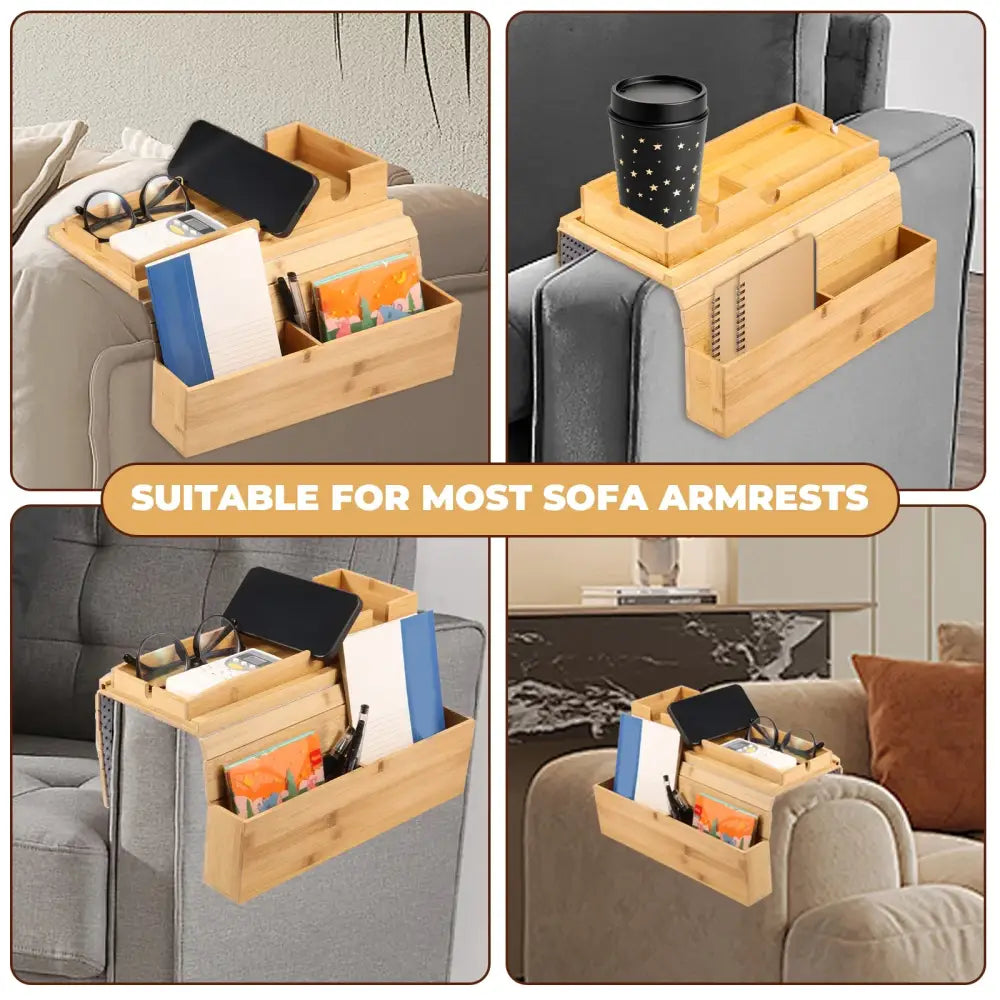 Bamboo Couch Cup Holder Anti-Slip Sofa Armrest Tray Foldable Multifunctional Sofa Cup Holder for Remote Control Cups