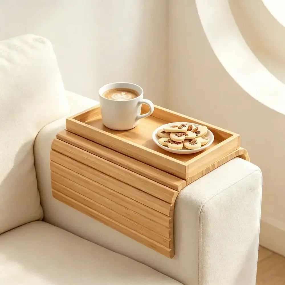 Bamboo Sofa Armrest Storage Rack Foldable Organizer Shelf for Living Room Bedroom Snack Drink Remote Control Holder