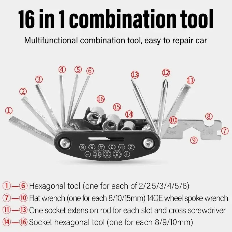 Bike Repair Kit Bicycle Tube Bag with Mini Pump 16-in-1 Multi-Tool Tire Lever Patches Emergency Tool Set for MTB Bike