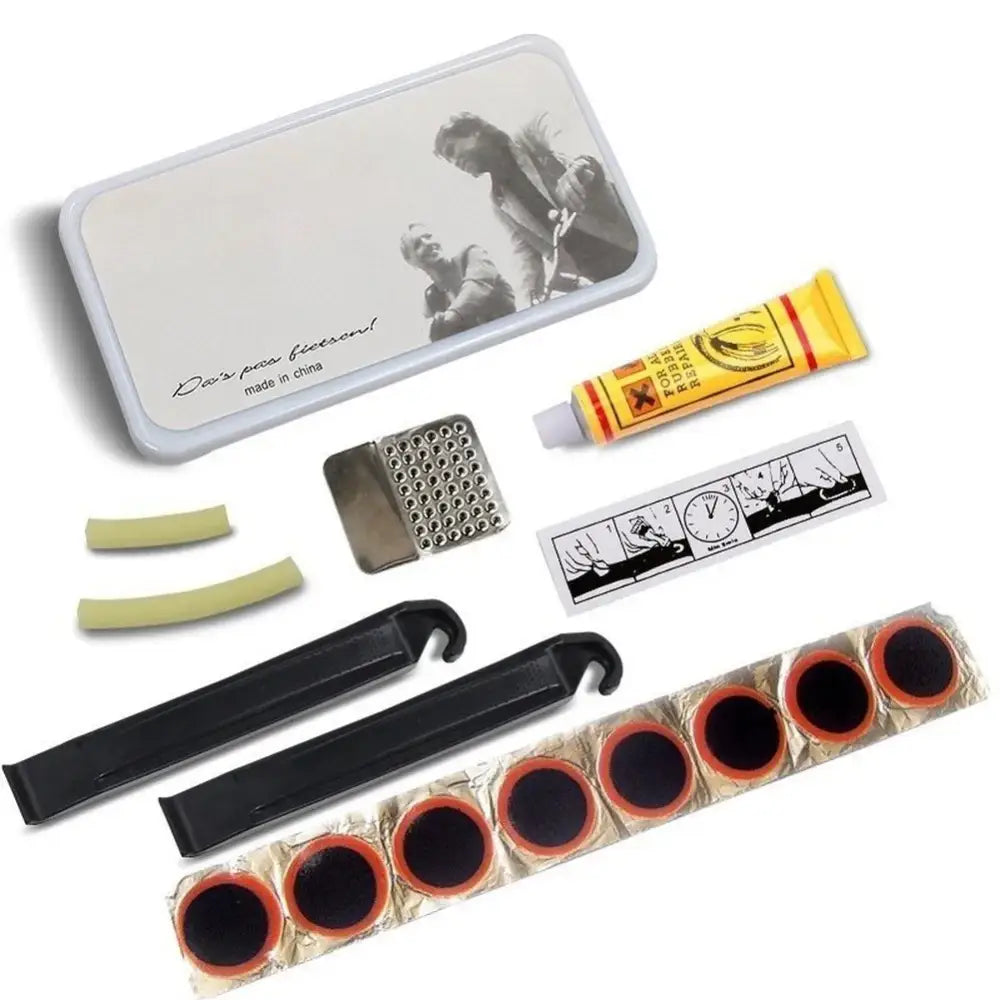 Bike Tire Repair Kit with Glue Patches Sandpaper Plastic Tire Levers and Portable Case for Cycling Maintenance
