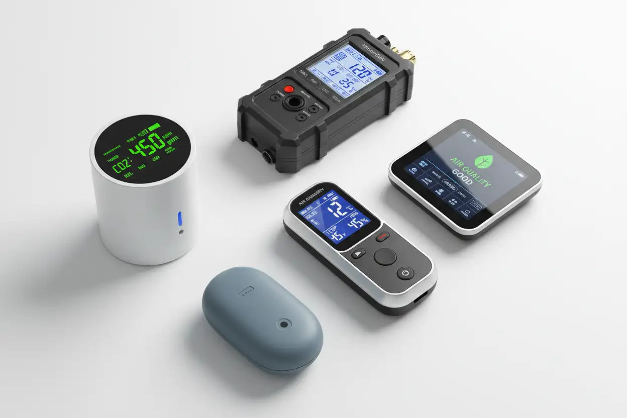 Black rugged handheld air quality meter with digital display and multiple buttons