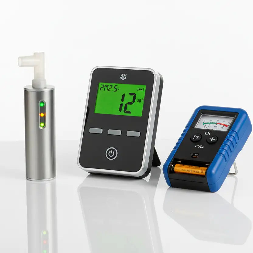 Black and silver digital pm2.5 air quality monitor with green display showing ’pm2.5: 12 µg/m³’