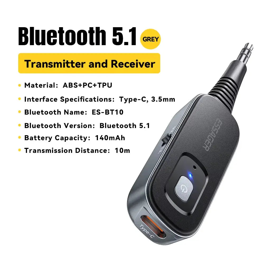 Bluetooth 5.1 Audio Receiver and Transmitter with 3.5mm AUX and Microphone for Wireless Stereo Music Streaming on PC TV