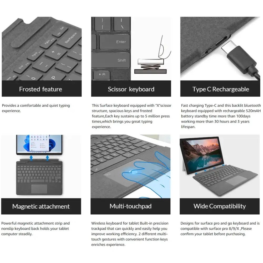 Bluetooth Keyboard For Surface Pro 11 10 9 8 X,For Microsoft Surface Pro 3 4 5 6 7/7 Plus Detachable Slim Type Cover