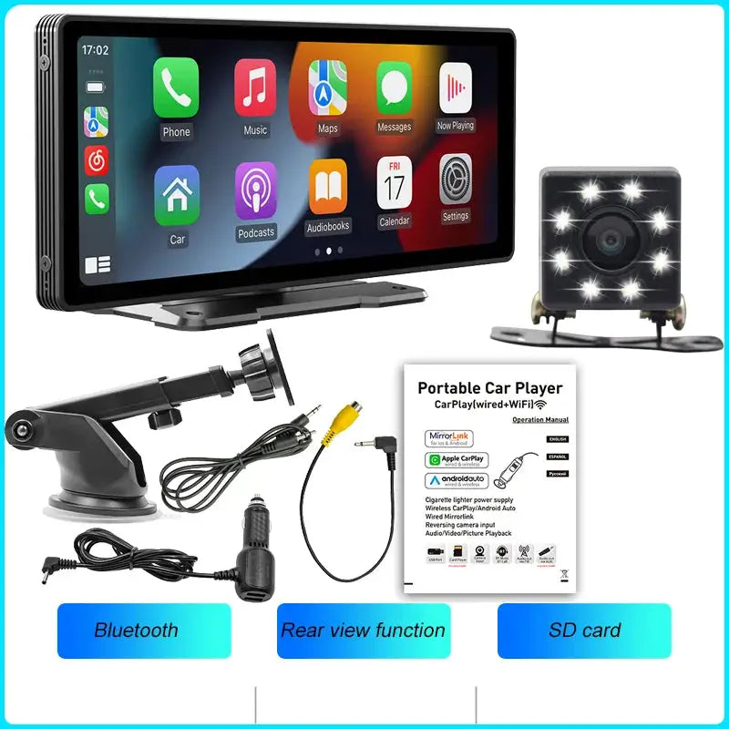 BQCC 10.26-Inch Portable Wireless CarPlay Display - Standard Unit + LED Reverse Light (8 lights)