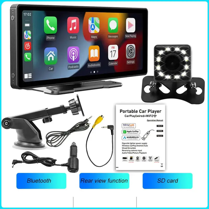 BQCC 10.26-Inch Portable Wireless CarPlay Display - Standard unit + LED Reverse Light (12 lights)
