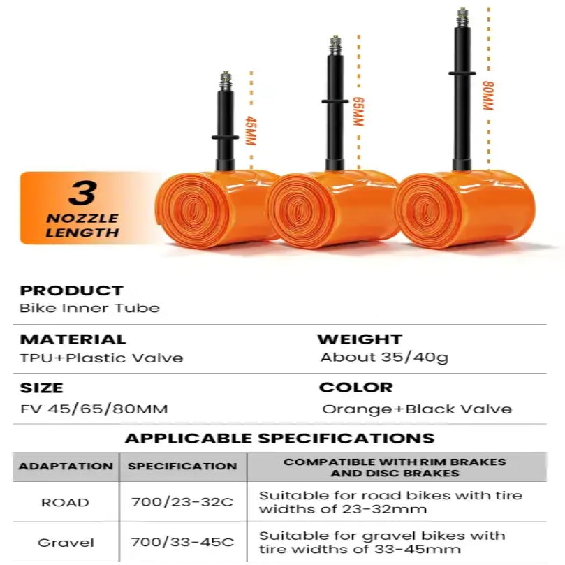 BUCKLOS Gravel Road Bike Inner Tube 700C Bicycle TPU Inner Tube 700x23/32C 700x33/45C TPU Inner Tire 45mm 65mm 80mm
