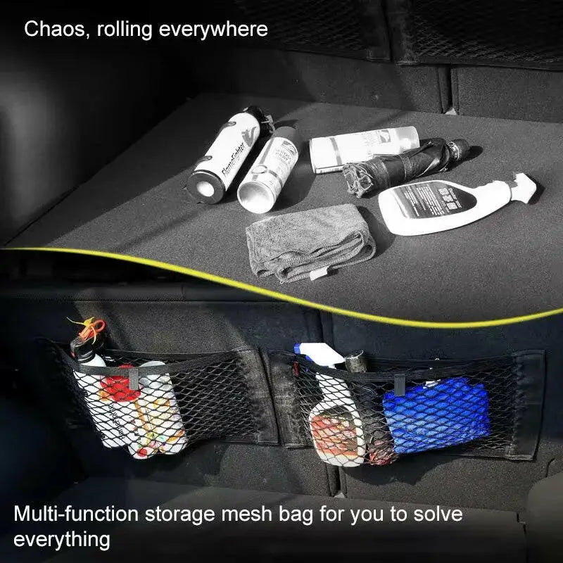 Car Back Seat Mesh Storage Organizer with Elastic String Net and Magic Sticker - Universal Trunk Pocket Cage