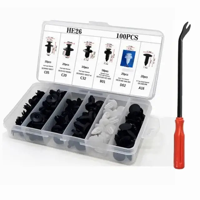 Car Fastener Clip Kit – Plastic Rivets & Retainer Pins (different types available) - 100 Pcs with Tool - HBC