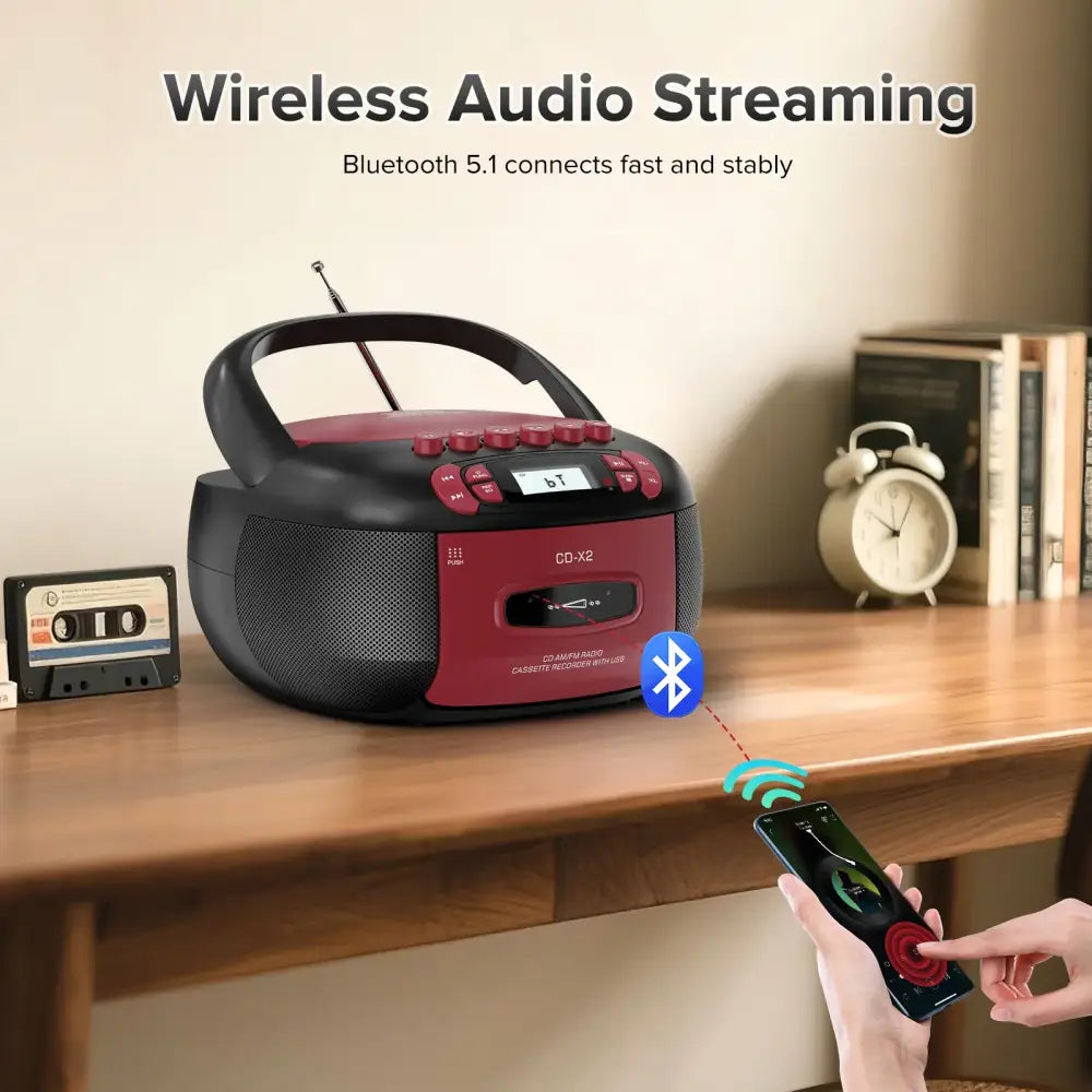 CD Cassette Boombox with Bluetooth & Radio (Red & Black) - SS