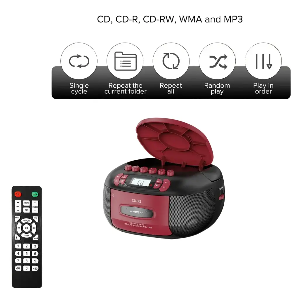 CD Cassette Boombox with Bluetooth & Radio (Red & Black) - SS