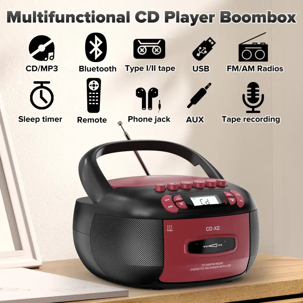 CD Cassette Boombox with Bluetooth & Radio (Red & Black) - SS