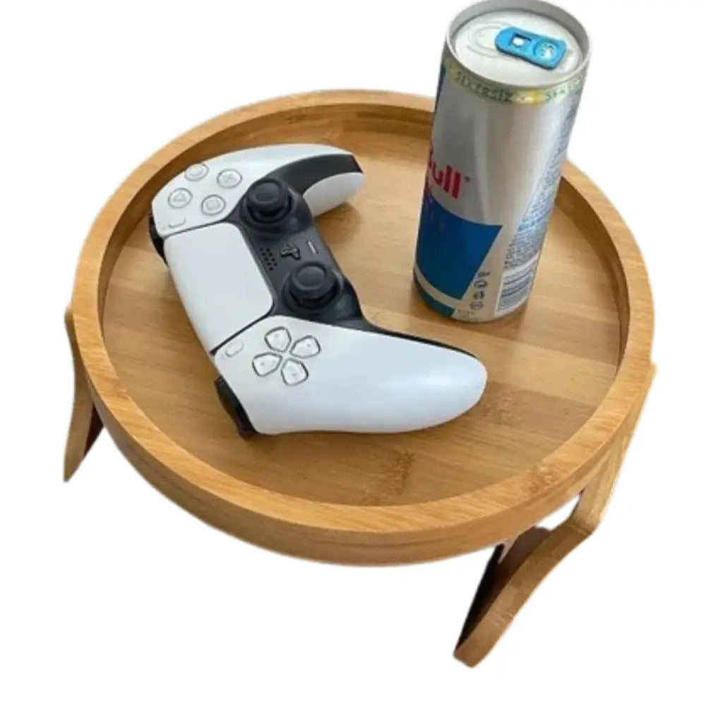 Clip-On Wooden Sofa Armrest Tray Table Natural Wood Couch Organizer for Remote Drinks & Snacks