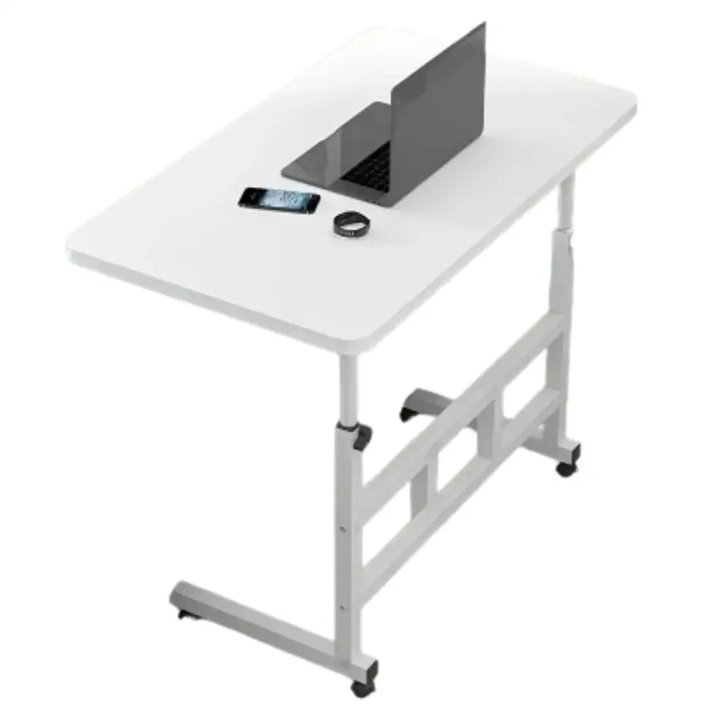 Compact Adjustable Bedside Work Desk with a 4-Wheel Mobile Design - White With Wheels - SS
