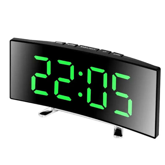 Creative Curved LED Alarm Clock with Dual-Purpose Mirror Design - Green