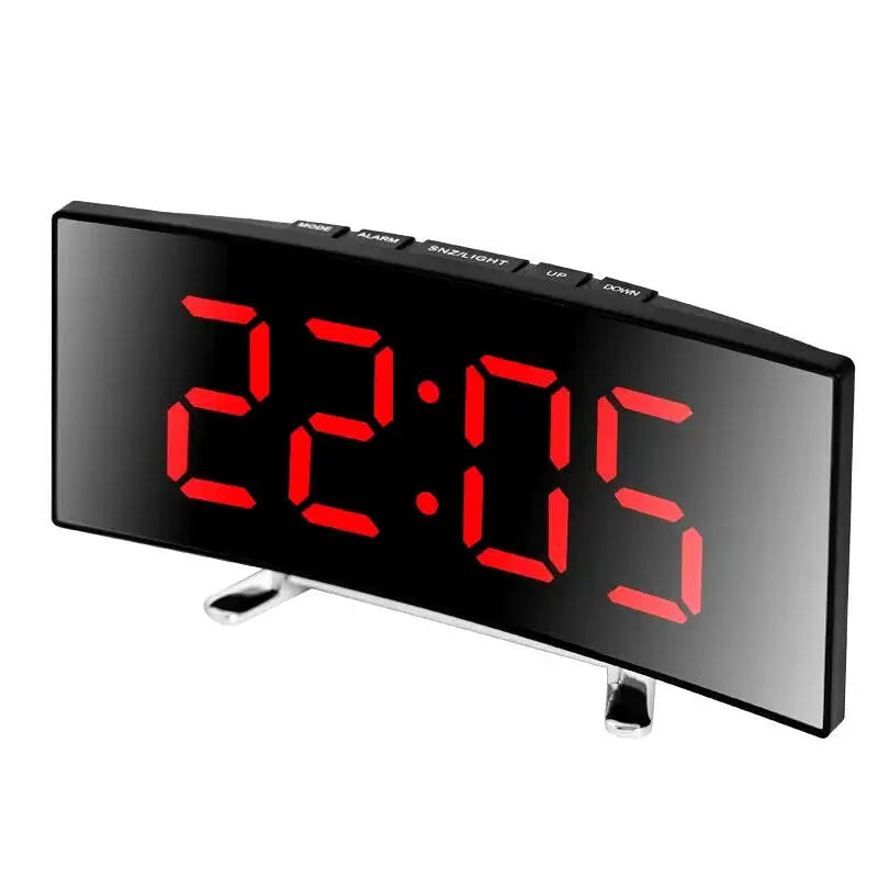 Creative Curved LED Alarm Clock with Dual-Purpose Mirror Design - Red