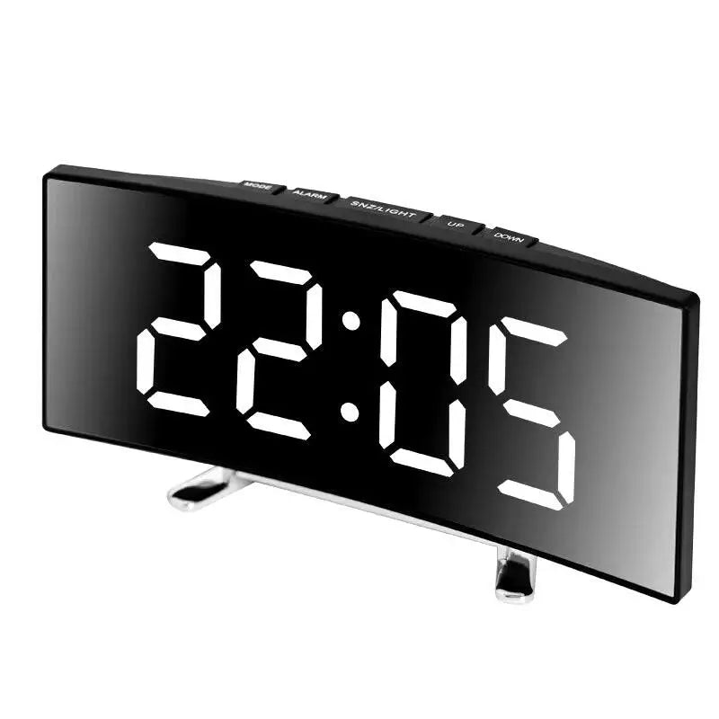 Creative Curved LED Alarm Clock with Dual-Purpose Mirror Design - White