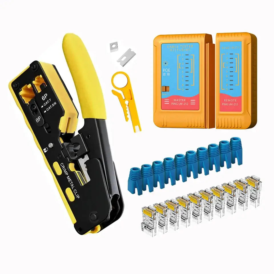 Crimping & Stripping Tool with 8P/6P Ethernet Connectors (different colours available) - Yellow set / Crimp Plier - HBC
