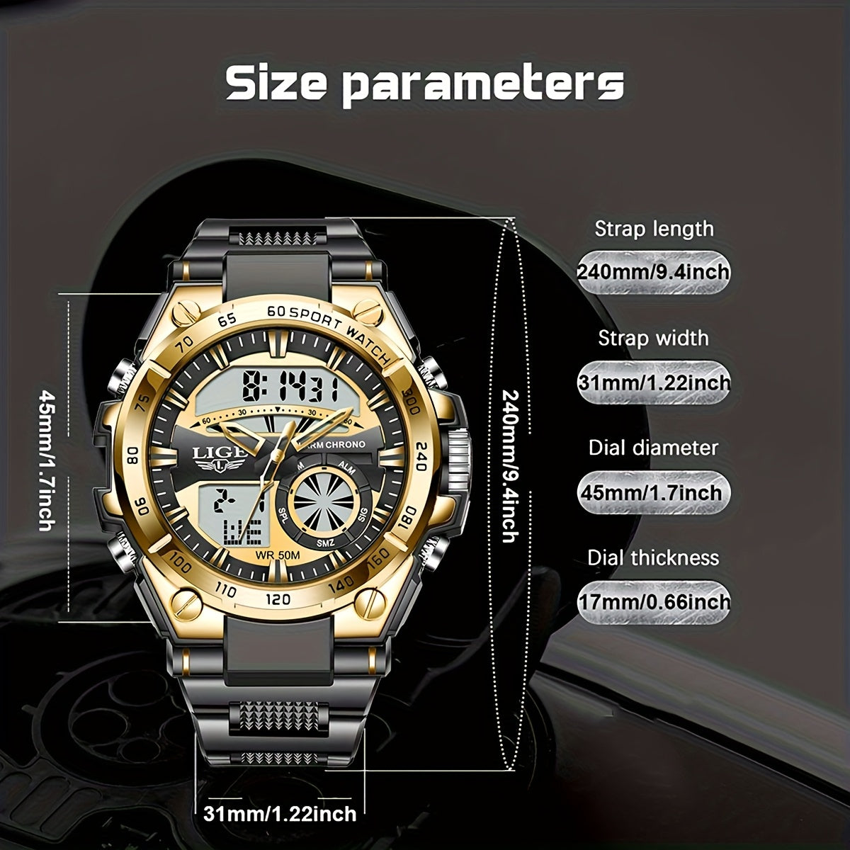 LIGE Men's Digital Sports Watch – LED Display, Quartz Movement, Stopwatch (4 designs available)