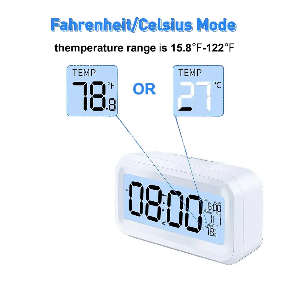 Digital Alarm Clock – Battery Operated with Indoor Temperature & Light Sensor Backlight (3 colors available) - HBC