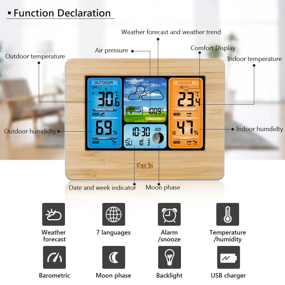 Digital Indoor-Outdoor Weather Station with Clock & Wireless Sensor (2 colours available) - HBC