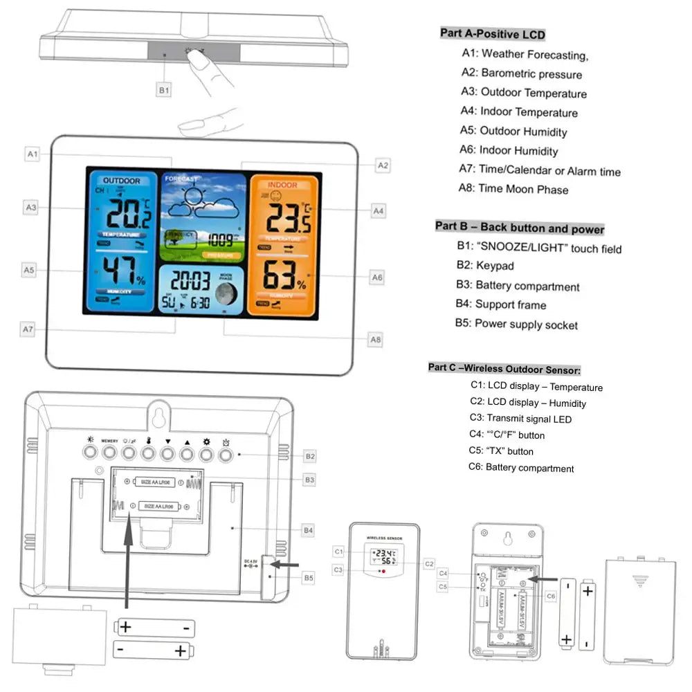 Digital Indoor-Outdoor Weather Station with Clock & Wireless Sensor (2 colours available) - HBC