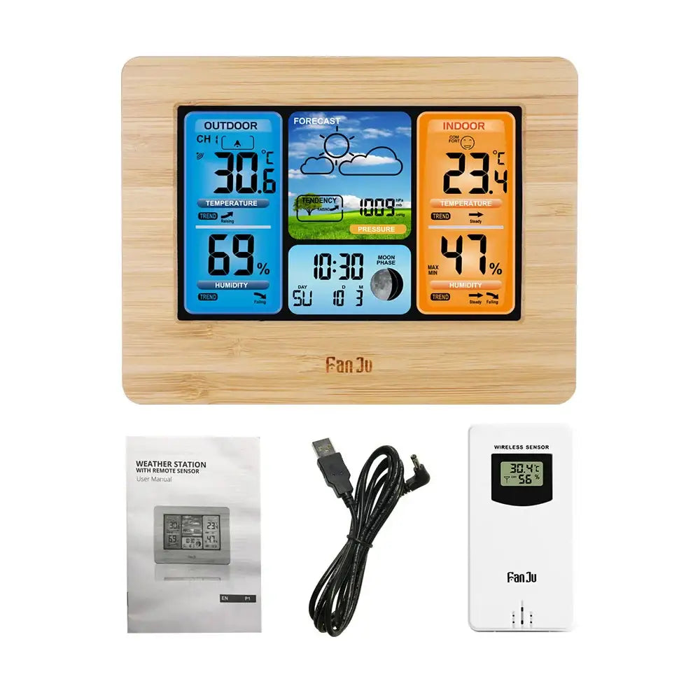 Digital Indoor-Outdoor Weather Station with Clock & Wireless Sensor (2 colours available) - Wood - HBC
