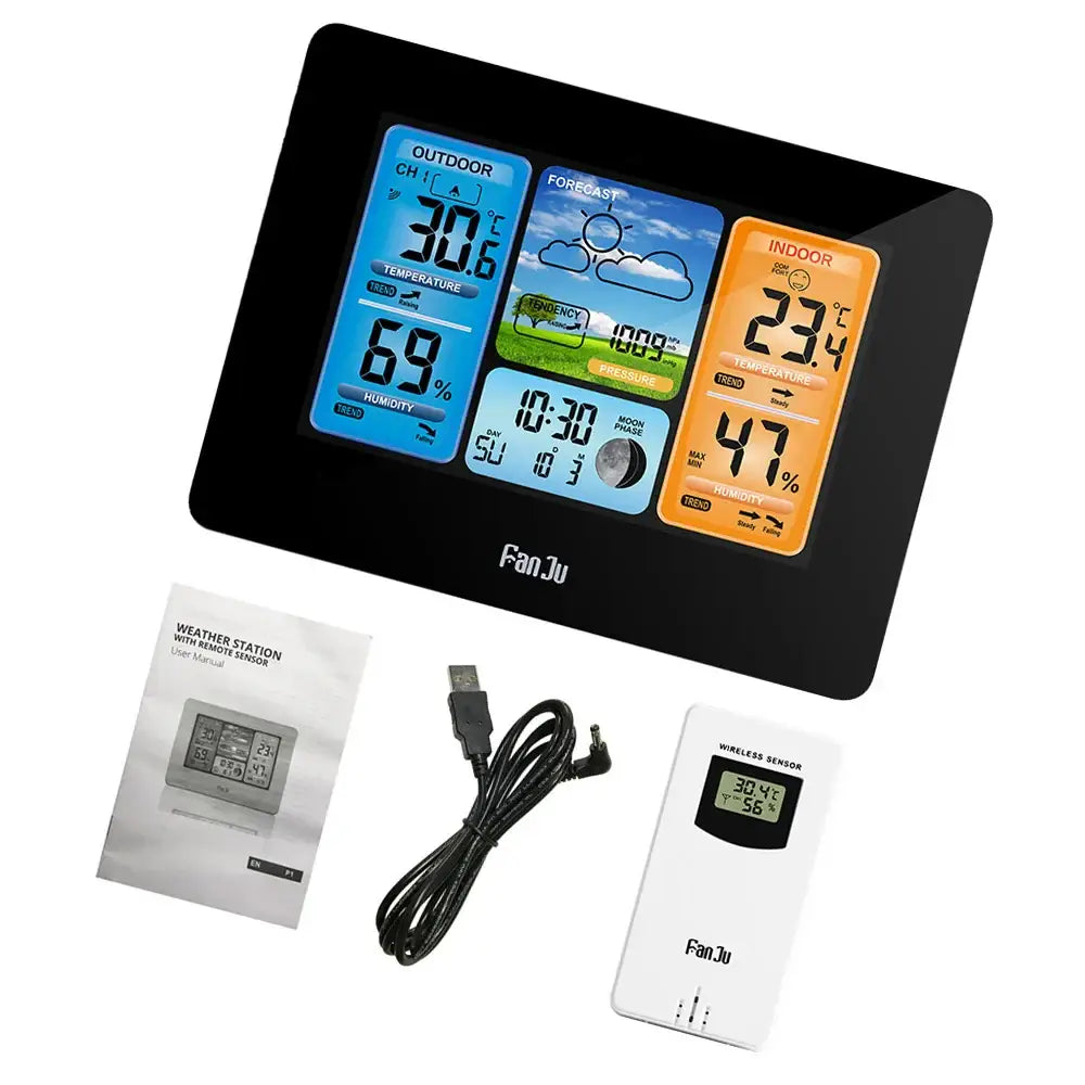 Digital Indoor-Outdoor Weather Station with Clock & Wireless Sensor (2 colours available) - Black - HBC